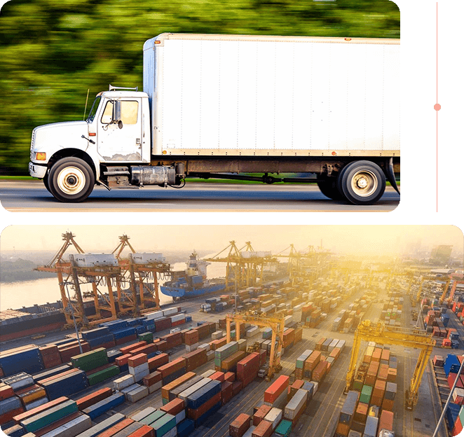 A truck driving down the road next to an aerial view of a harbor.